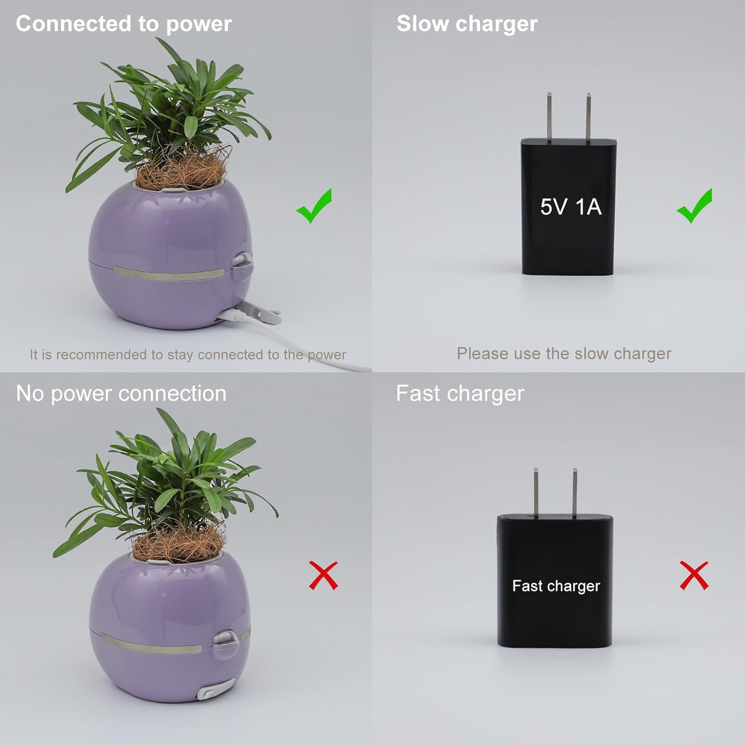Diagram showing the correct and incorrect ways to charge a purple device with text labels.