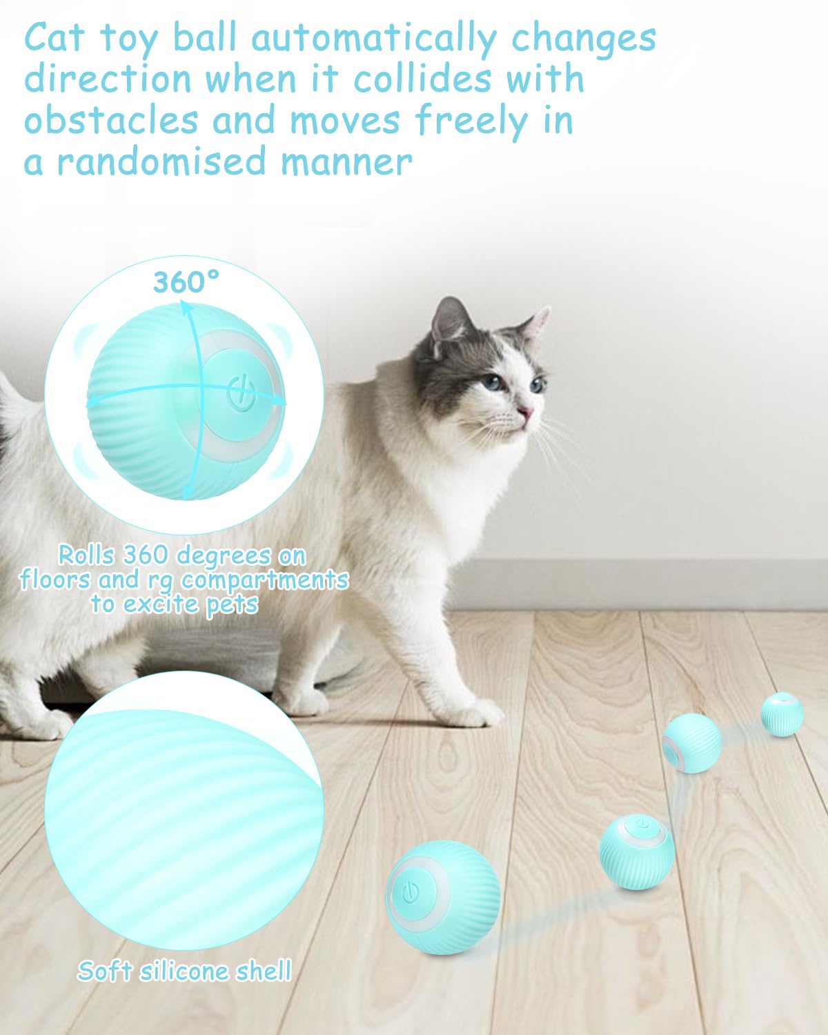 Cat playing with a self-rotating ball toy on a wooden floor.