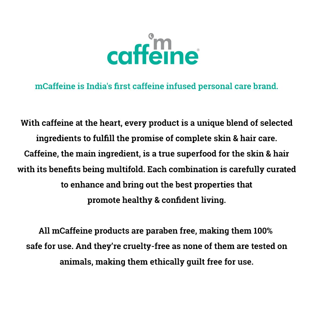 Text about mCaffeine, a caffeine-infused personal care brand from India, on a white background.