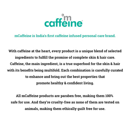 Text about mCaffeine, a caffeine-infused personal care brand from India, on a white background.