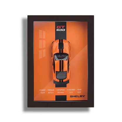 Kids’ bedroom wall with Toy Rush™ car display frame lit up, showcasing colorful racecars in action.