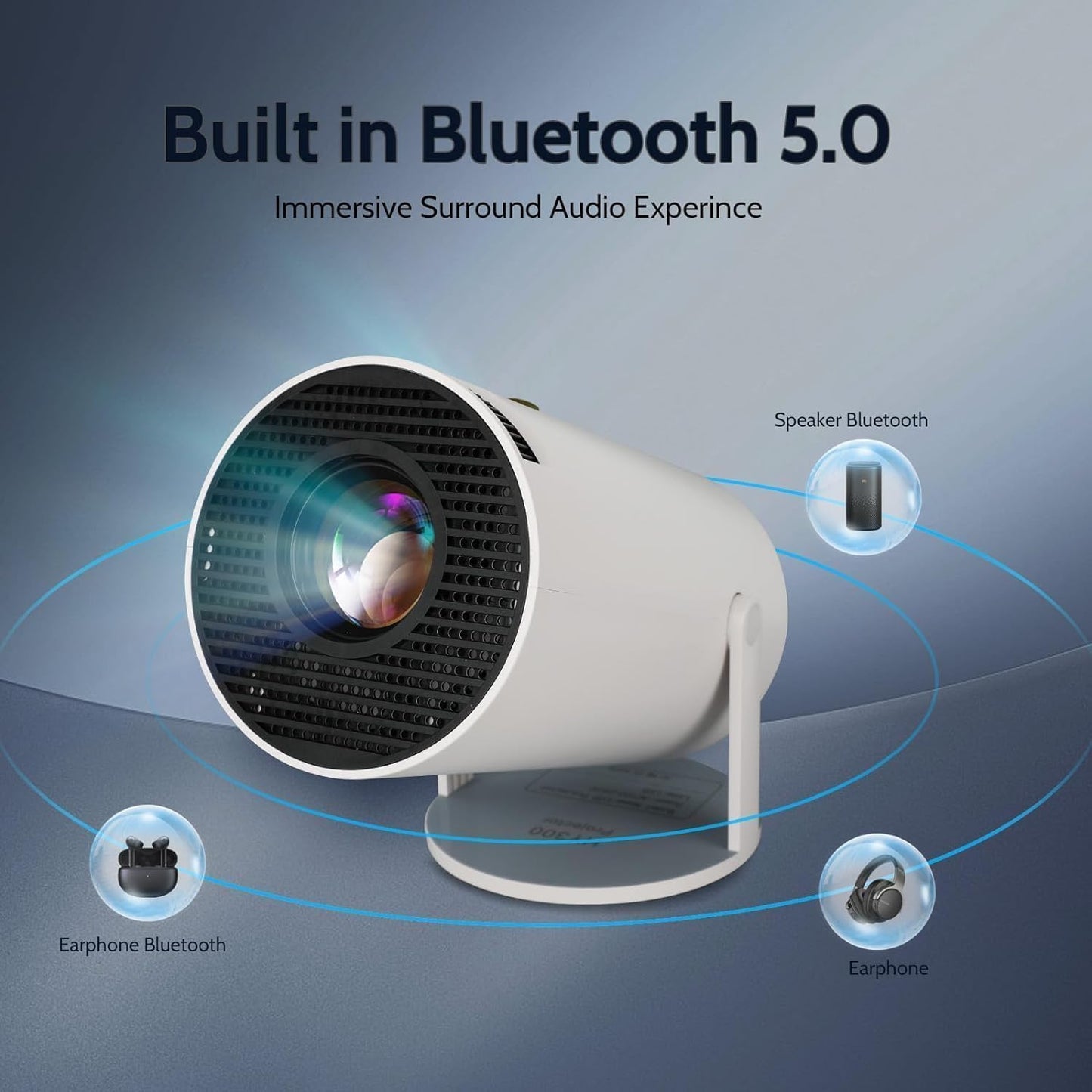 Projector with Bluetooth 5.0 features on a dark background