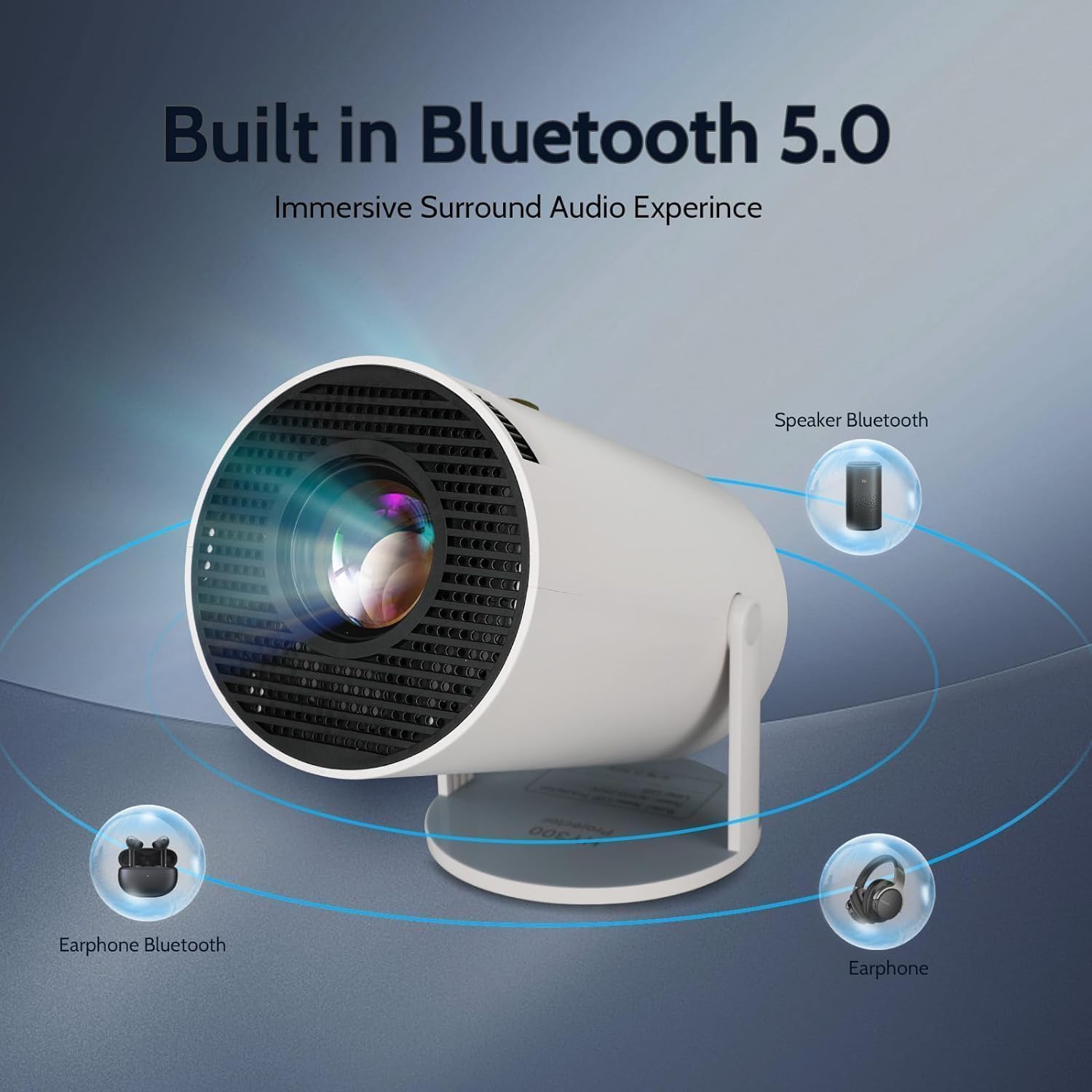Projector with Bluetooth 5.0 features on a dark background