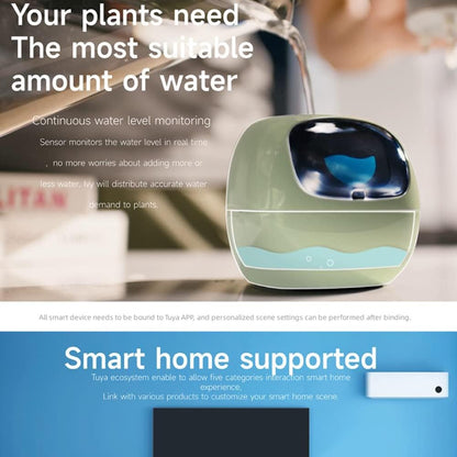 Smart plant water monitor with text about water level monitoring and smart home support.