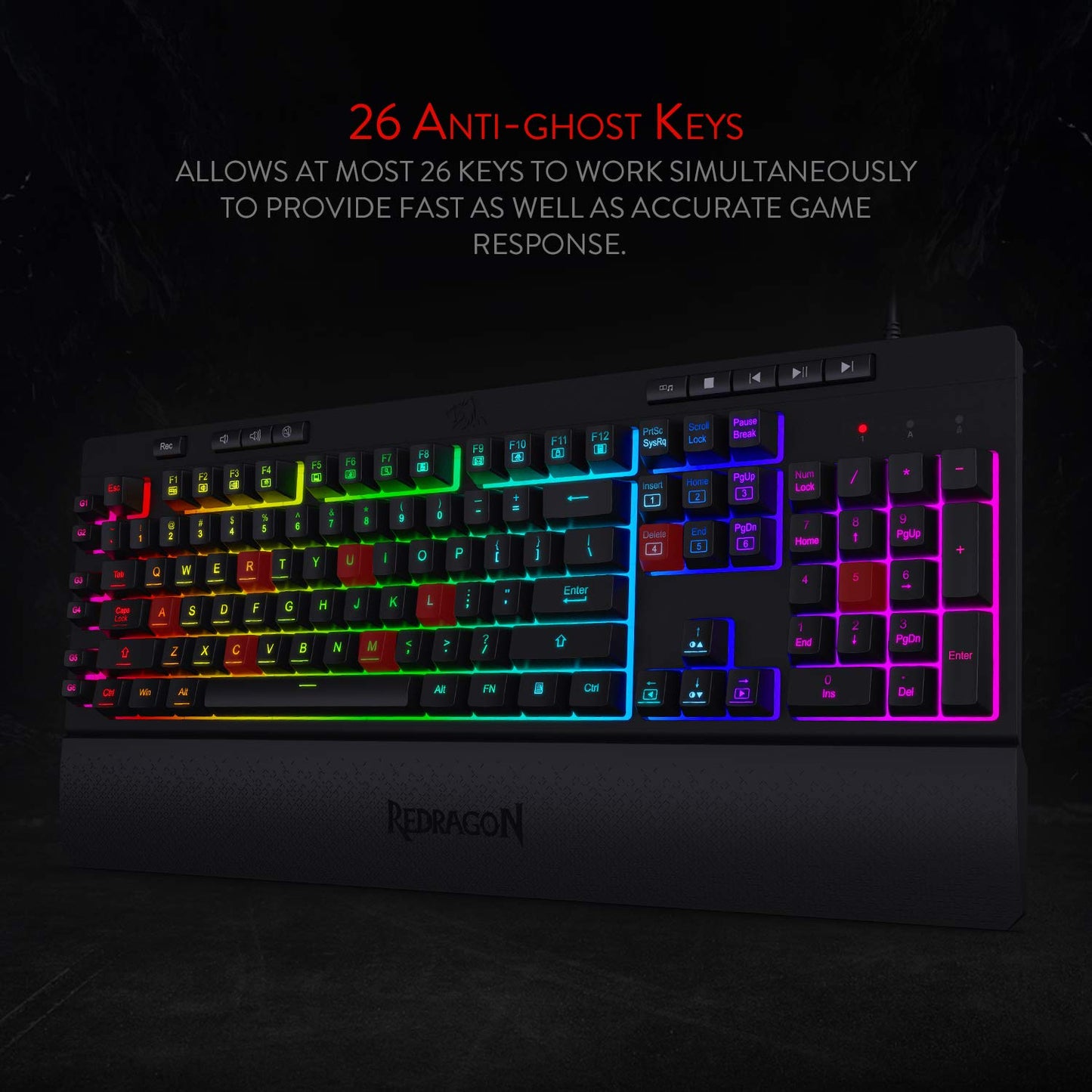 Gaming keyboard with RGB lighting on a dark background, featuring Redragon branding.