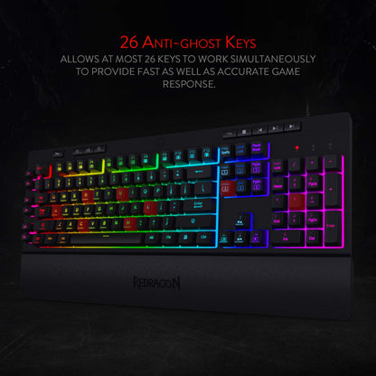 Gaming keyboard with RGB lighting on a dark background, featuring Redragon branding.