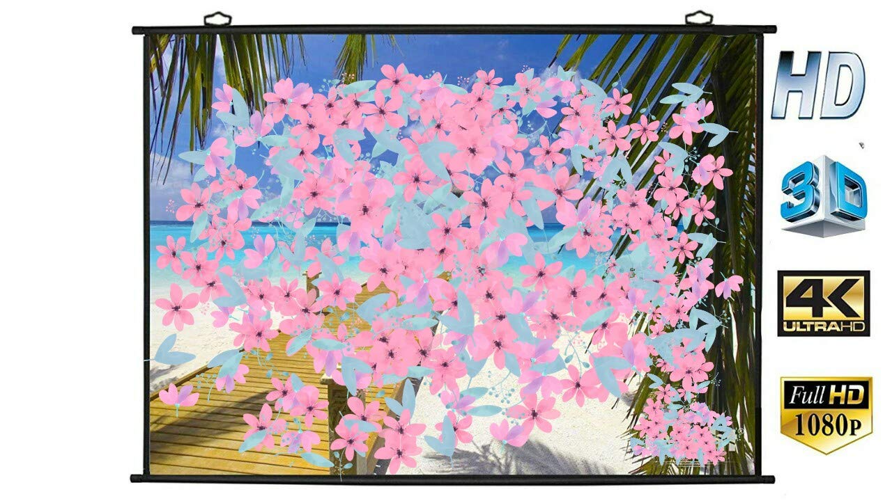Floral backdrop with palm trees and '4K Ultra HD' and '3D' logos on a white background