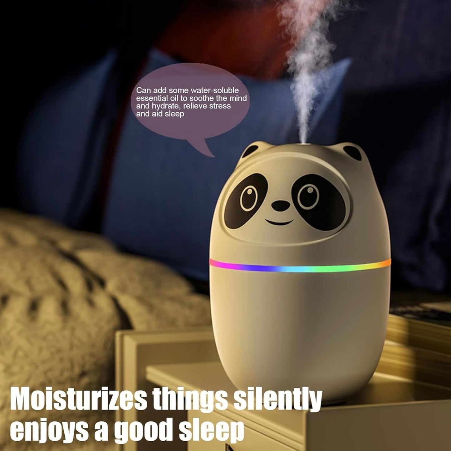 Panda-shaped humidifier emitting mist with text about its benefits on a blurred background.