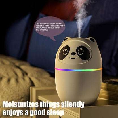Panda-shaped humidifier emitting mist with text about its benefits on a blurred background.