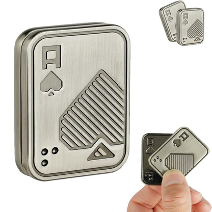 Metallic playing card design with a hand holding two cards on a white background