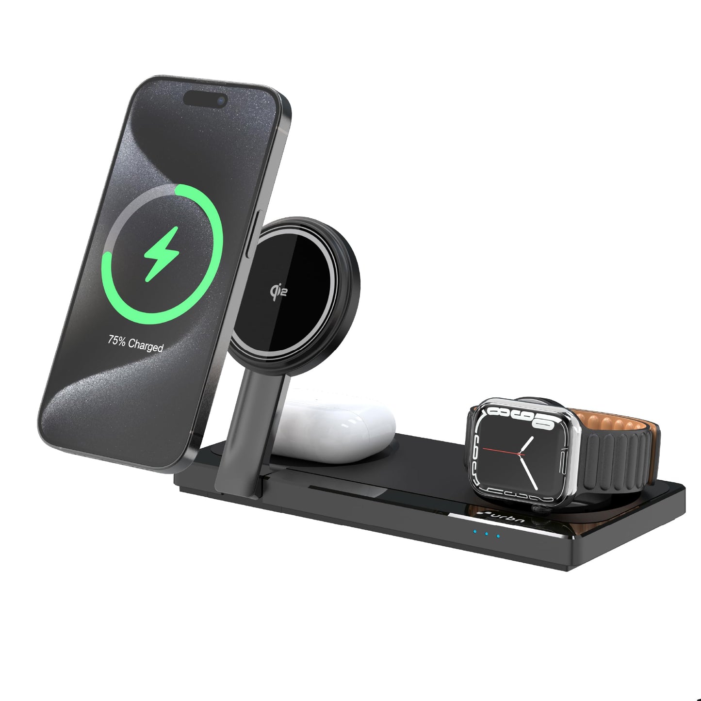 Multi-device wireless charging stand with smartphone, smartwatch, and Apple Watch on a white background