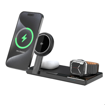 Multi-device wireless charging stand with smartphone, smartwatch, and Apple Watch on a white background