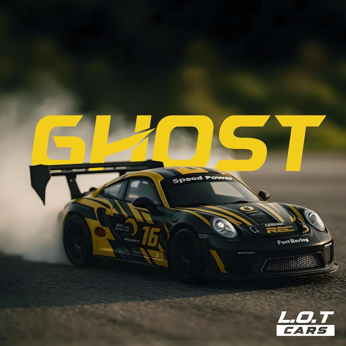 Yellow and black racing car with 'GHOST' text on a blurred background