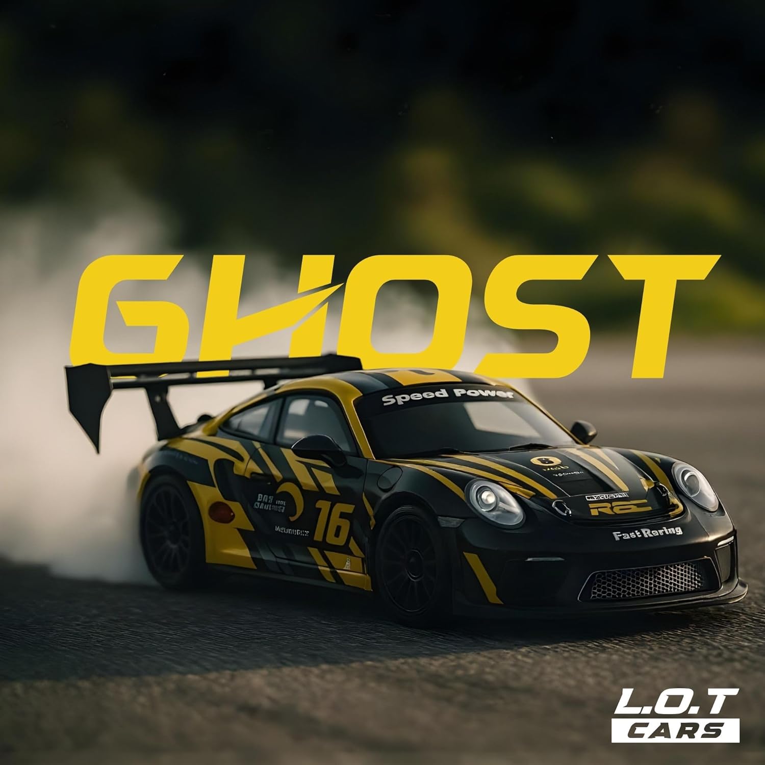 Yellow and black racing car with 'GHOST' text on a blurred background