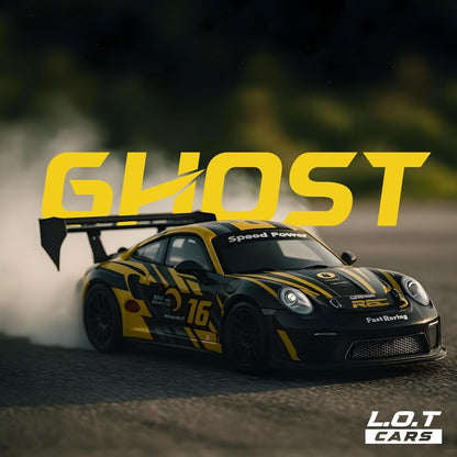 Yellow and black racing car with 'GHOST' text on a blurred background