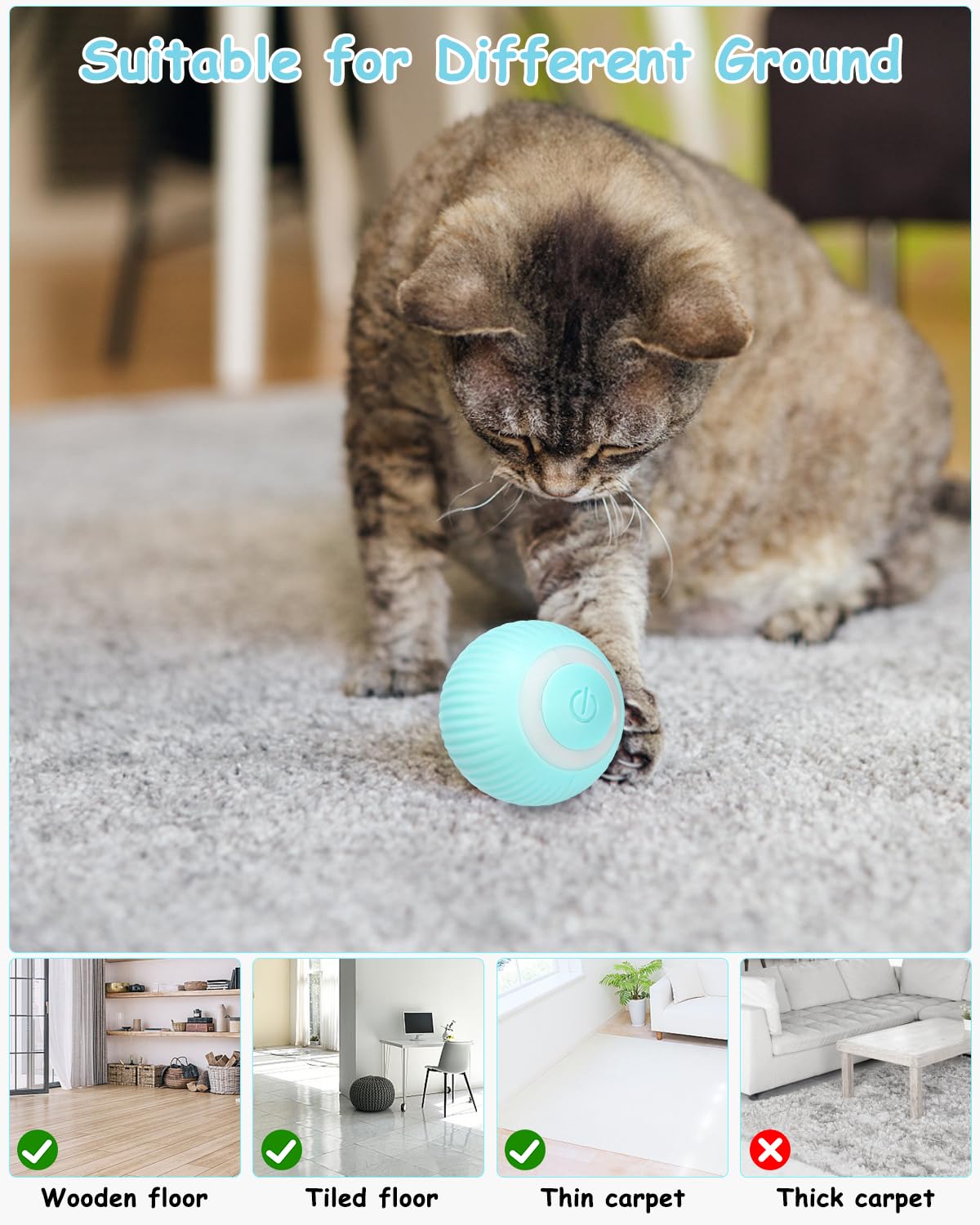Cat playing with a blue ball on a carpet, with suitability for different ground types shown below.