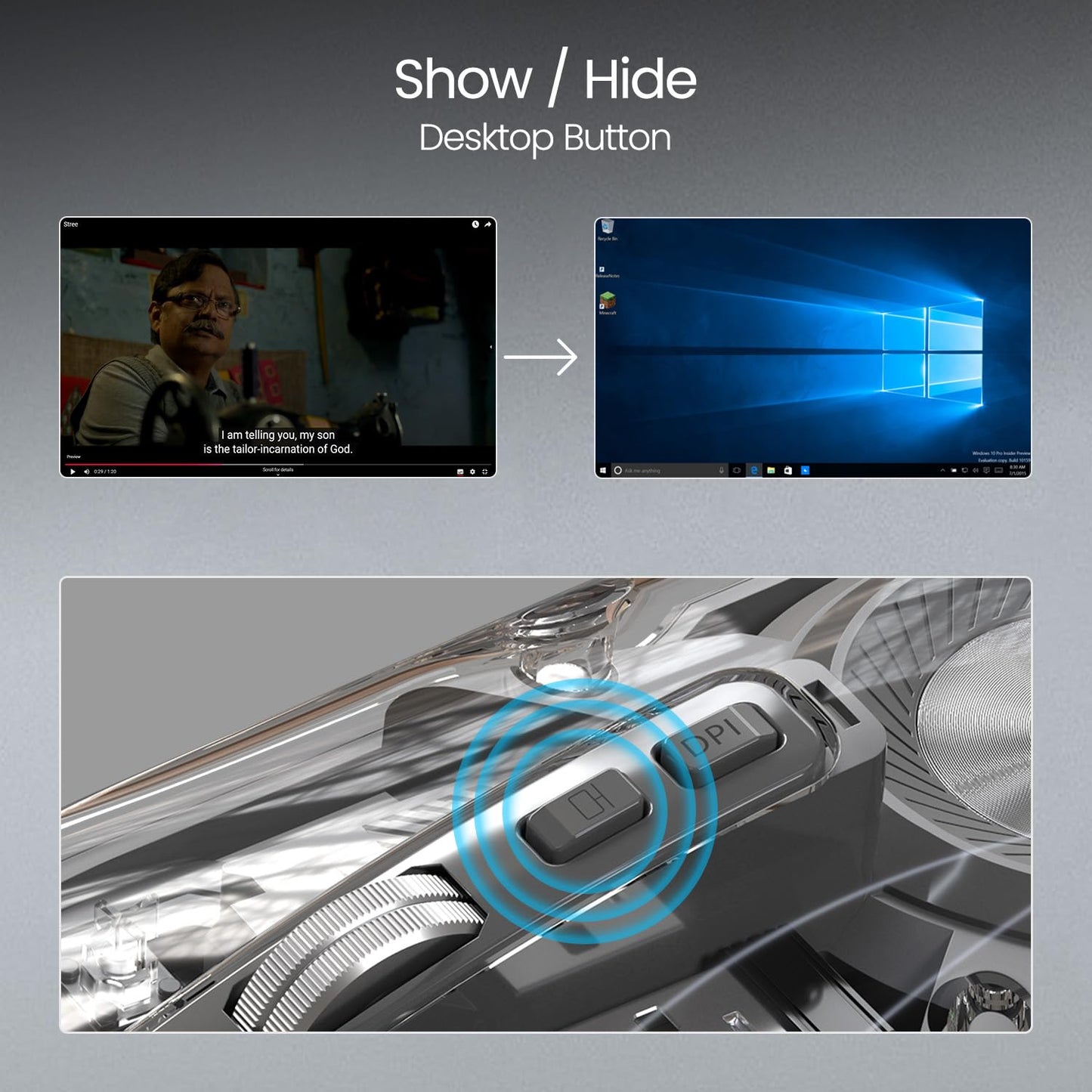 Illustration of a computer screen showing a video player and a desktop interface, with a button labeled 'Show / Hide Desktop Button' on a gray background.