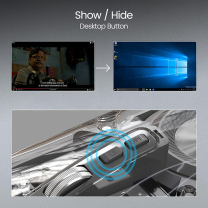 Illustration of a computer screen showing a video player and a desktop interface, with a button labeled 'Show / Hide Desktop Button' on a gray background.