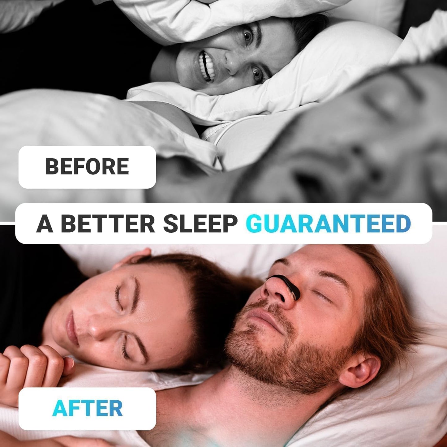 Before and after comparison of a couple sleeping better, with text 'A Better Sleep Guaranteed'.