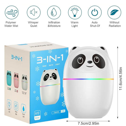 Panda-shaped humidifier with packaging and dimensions on a white background