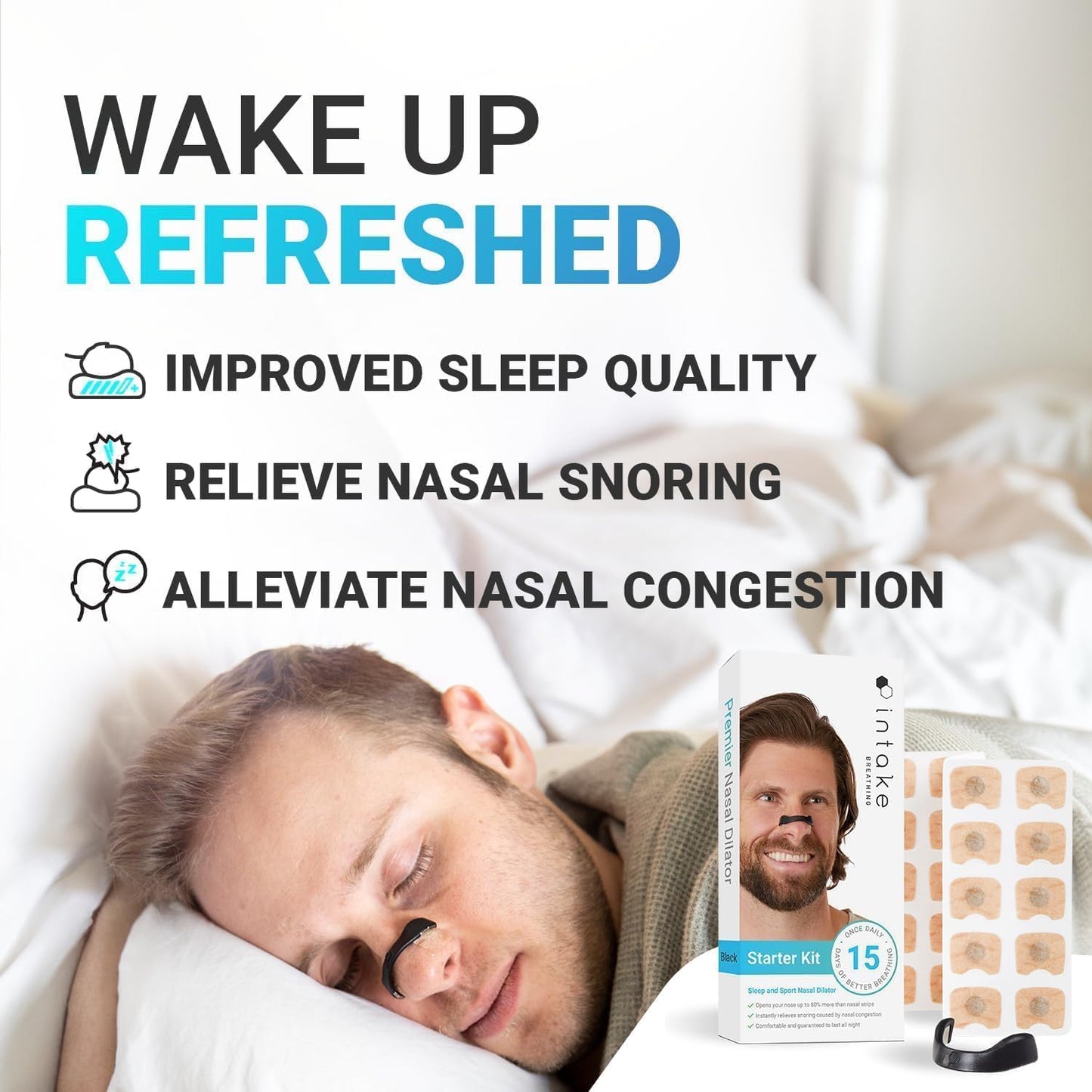 Man sleeping with a product package labeled 'Wake Up Refreshed' on a white background