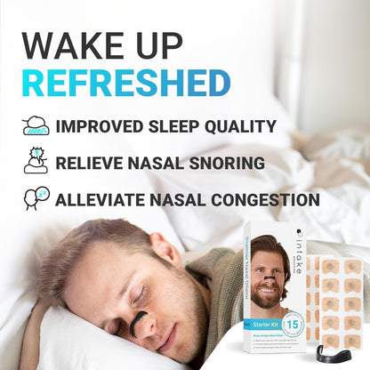 Man sleeping with a product package labeled 'Wake Up Refreshed' on a white background