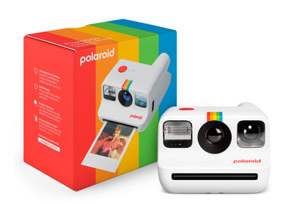 Polaroid instant camera with colorful packaging on a white background