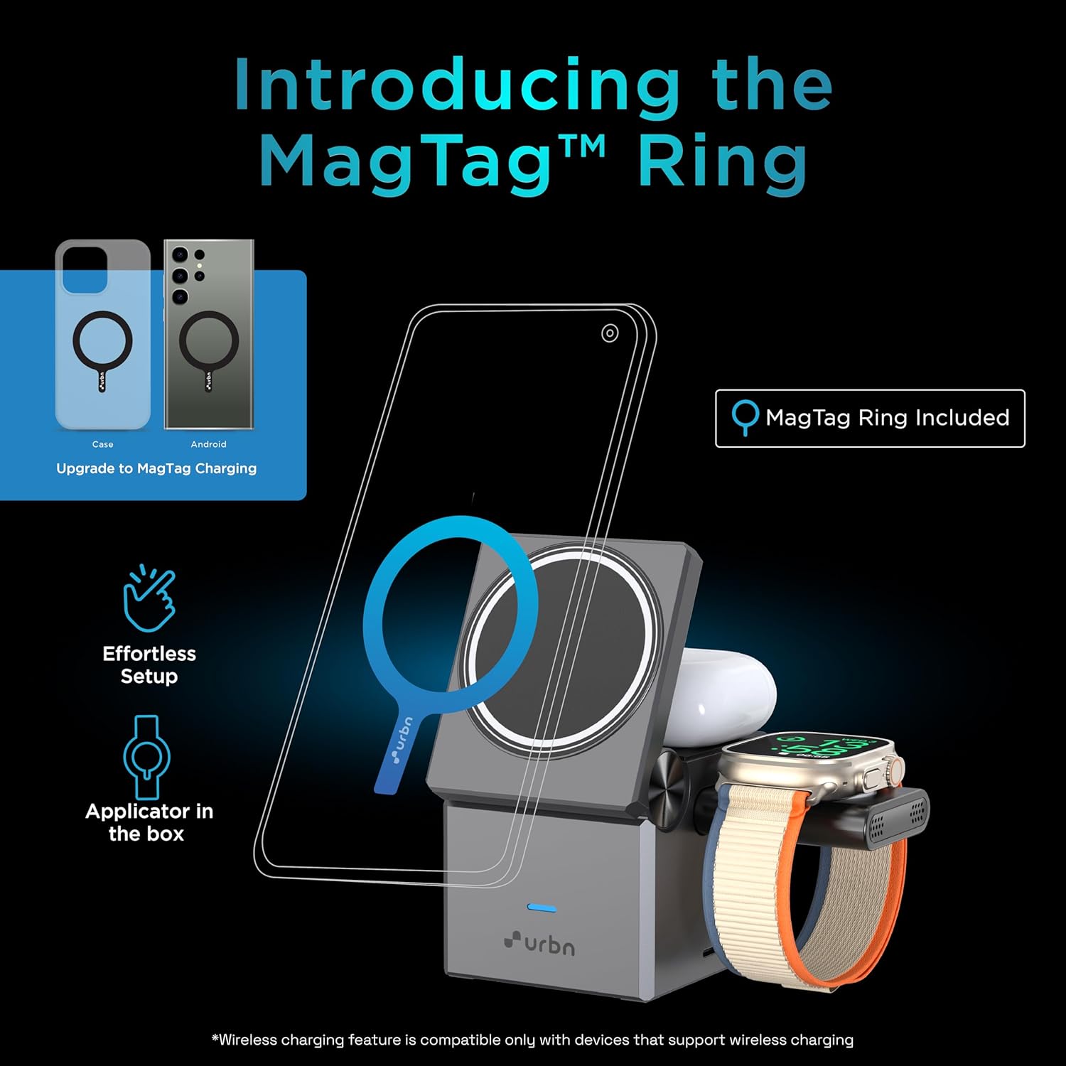 Advertisement for MagTag Ring with wireless charging device and smartphone on a black background