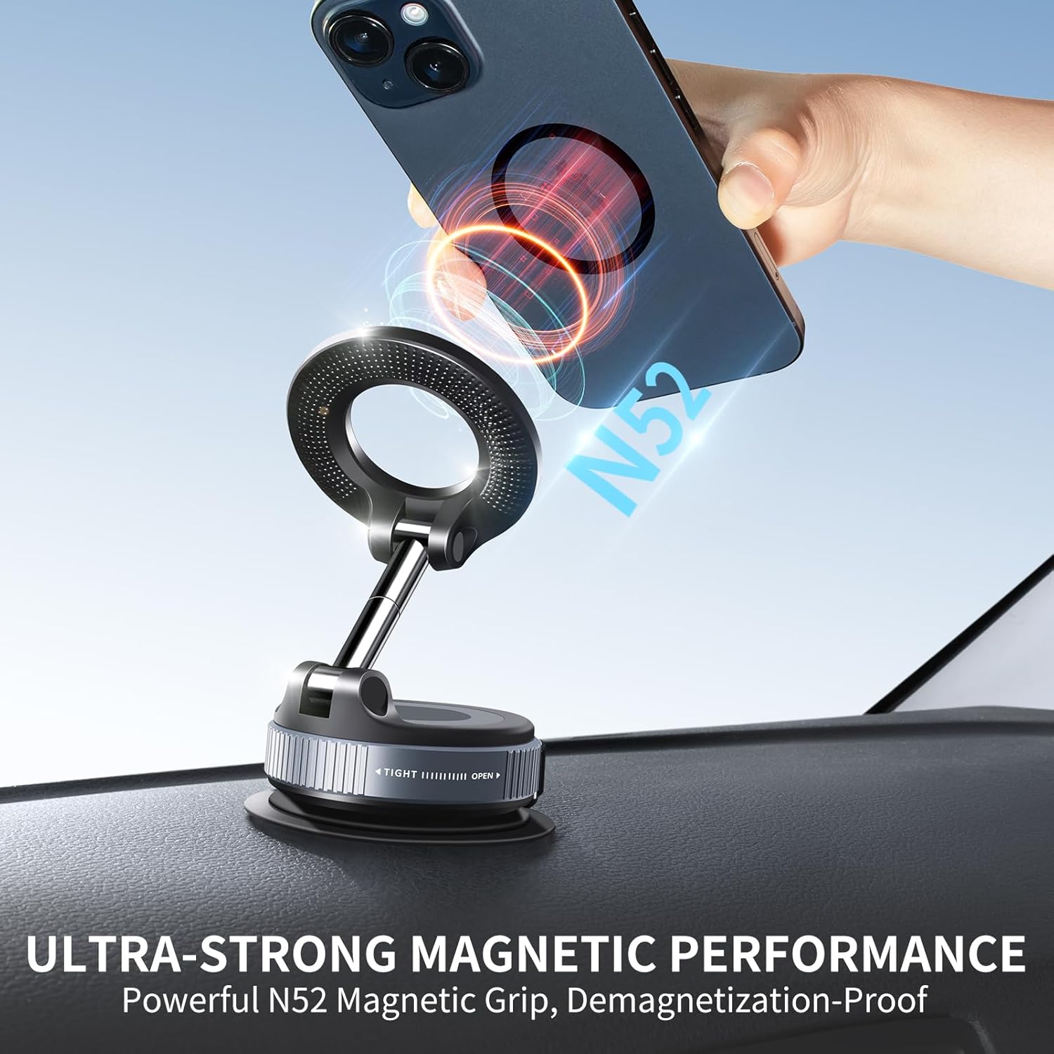 Vacuum Magnetic Phone Holder Stand for Magsafe, 360° Adjustable Suction Cup Car Phone Mount, Foldable & Portable Car Phone Holder for All Car & All Smartphones & Gym/Kitchen/Mirror Smooth Surface