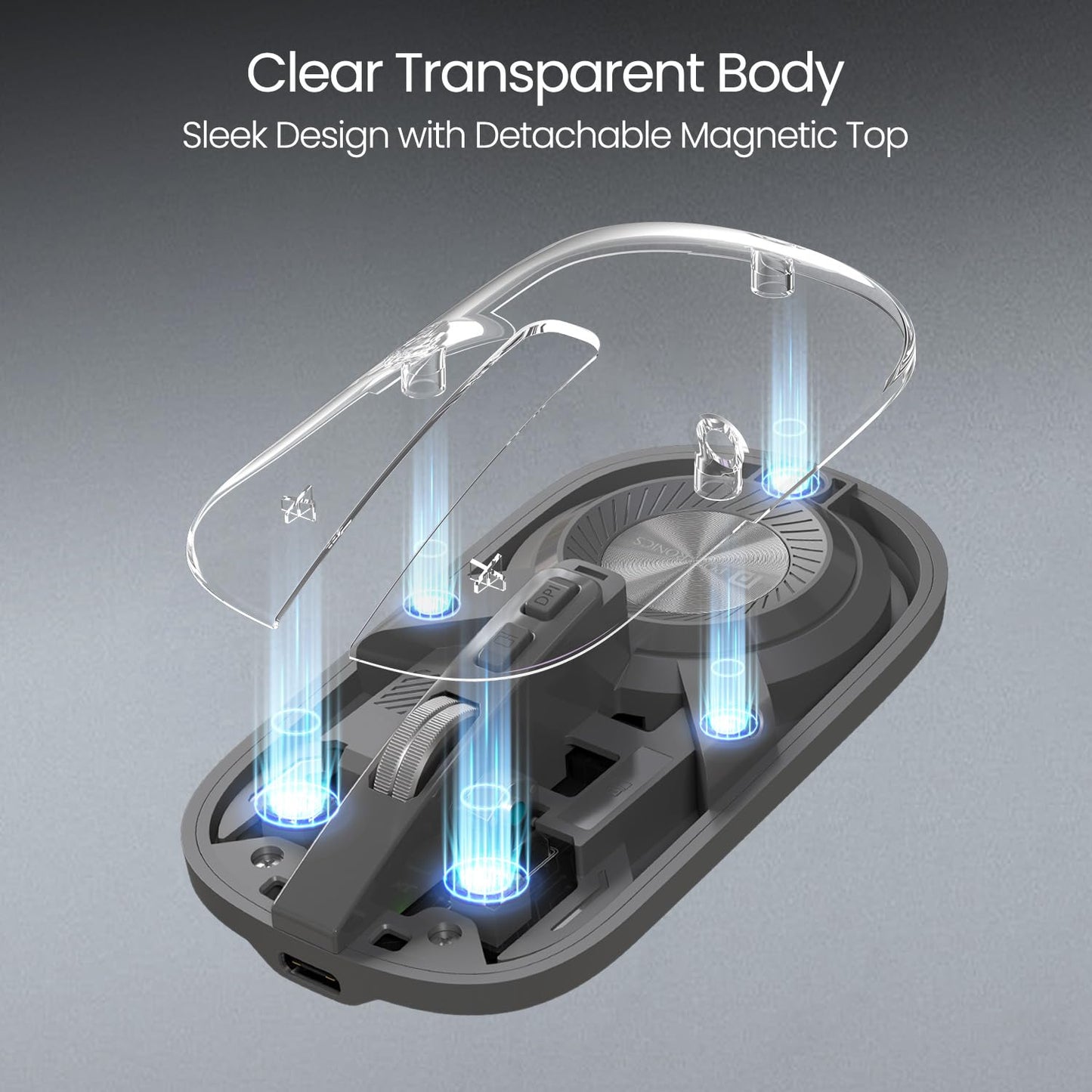 Clear transparent body electronic device with detachable magnetic top on a gray background