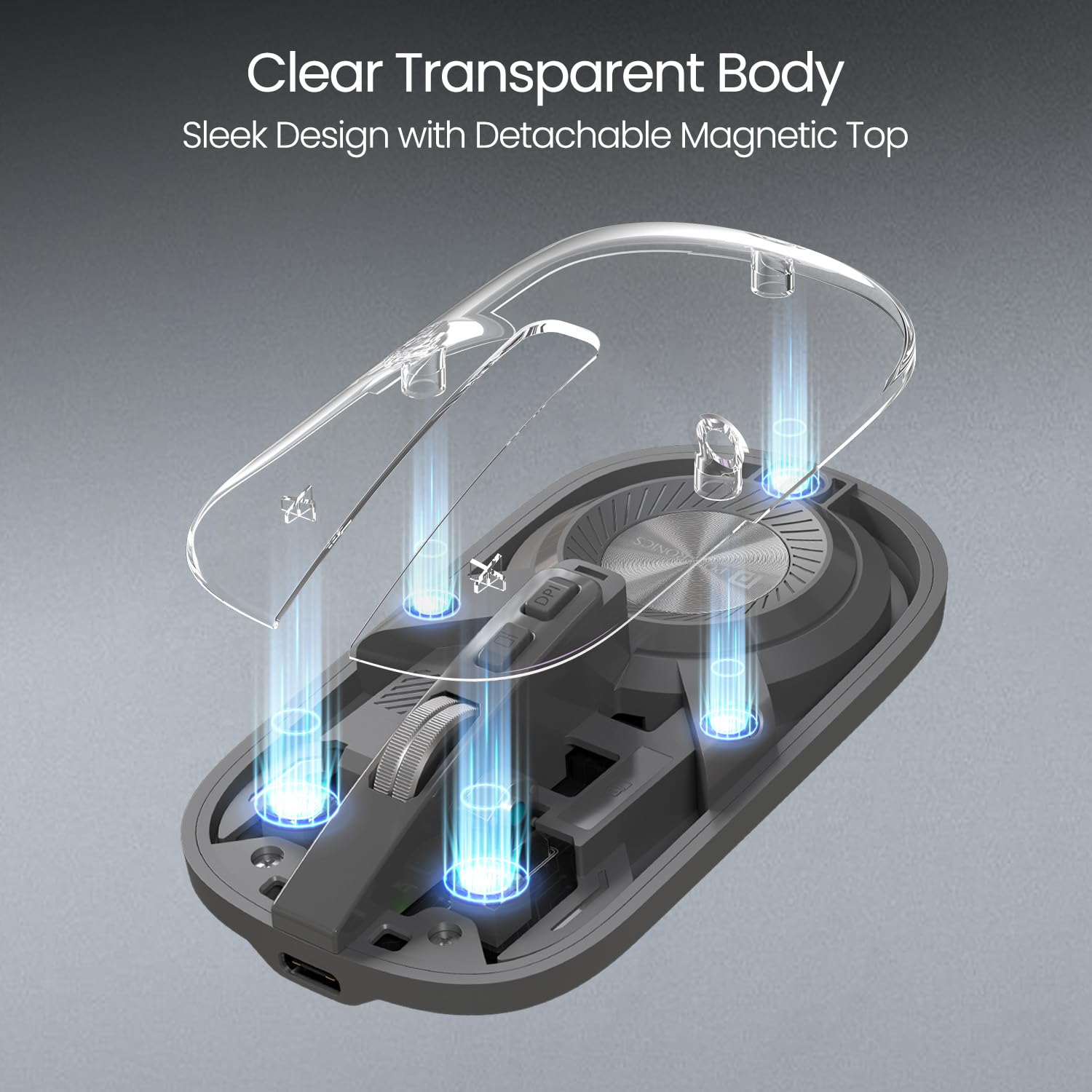 Clear transparent body electronic device with detachable magnetic top on a gray background