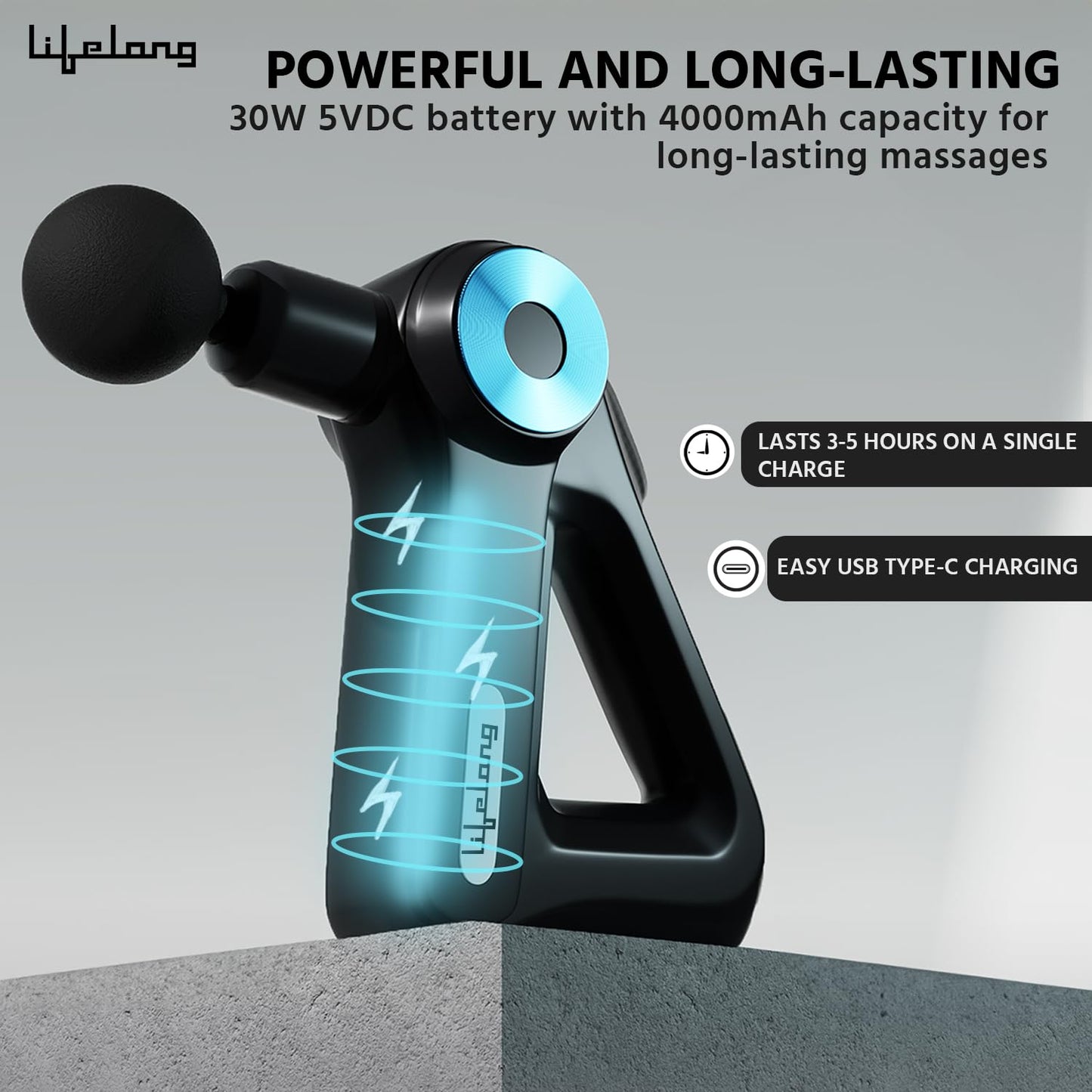 Lifelong Gun Massager for Pain Relief with 9 Massage Heads Massage Gun Machine for Full Body - Gun Massager Rechargeable with 9 Speed Levels & Easy-Grip Handle for Muscle Massage of Back, Neck, Shoulder, Hand, Foot & Leg