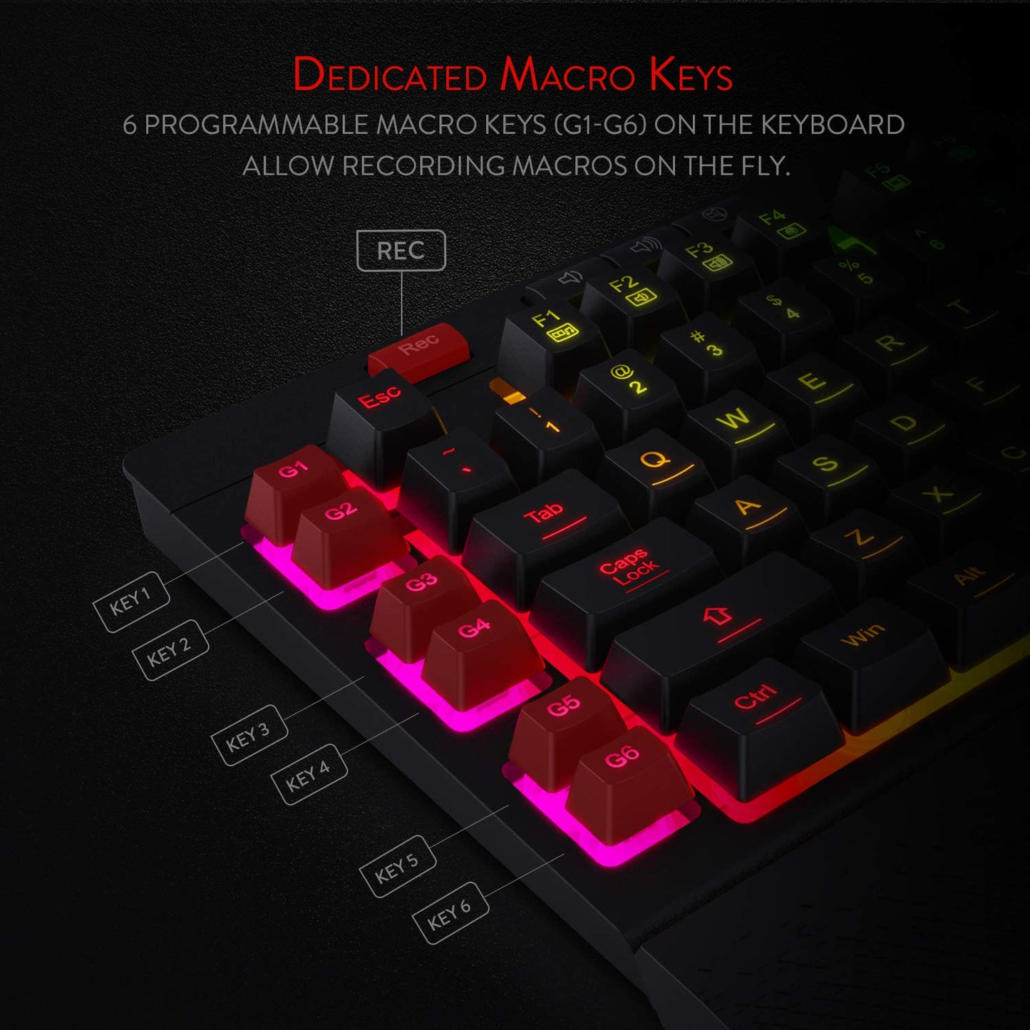 Keyboard with dedicated macro keys on a dark background