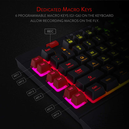 Keyboard with dedicated macro keys on a dark background