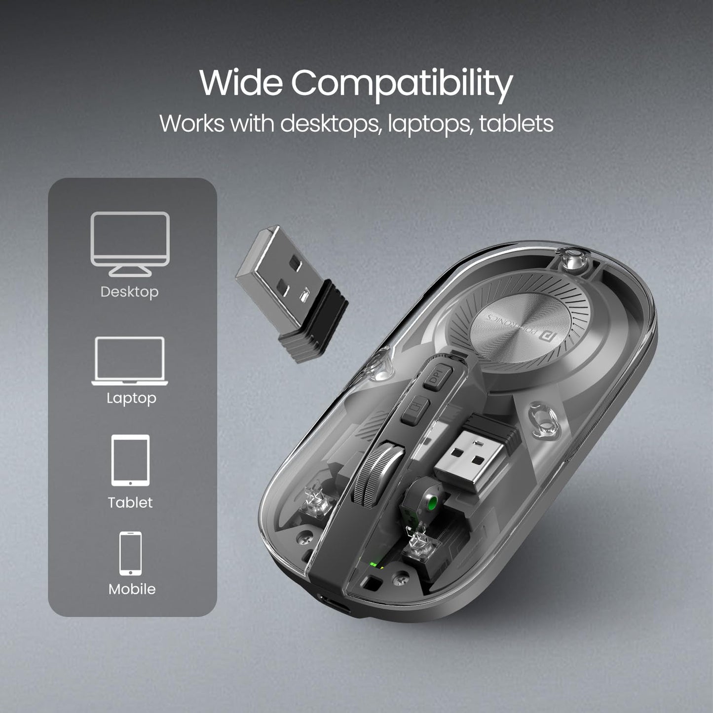 Wireless mouse with USB receiver on a gray background, showing compatibility with desktops, laptops, tablets, and mobile devices.