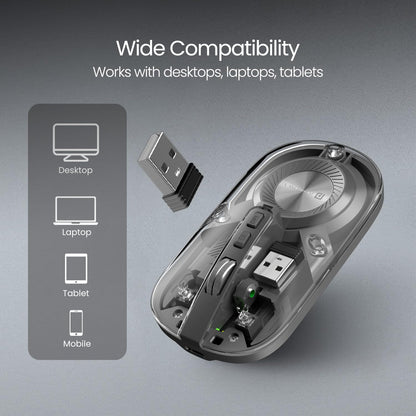 Wireless mouse with USB receiver on a gray background, showing compatibility with desktops, laptops, tablets, and mobile devices.