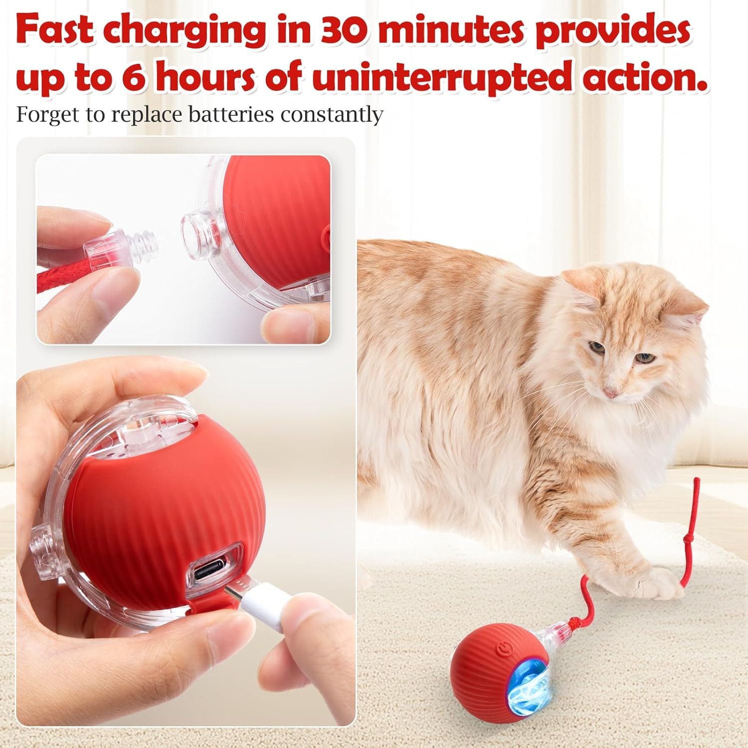 Red electronic pet toy with USB charging cable, used by a cat, on a light background.