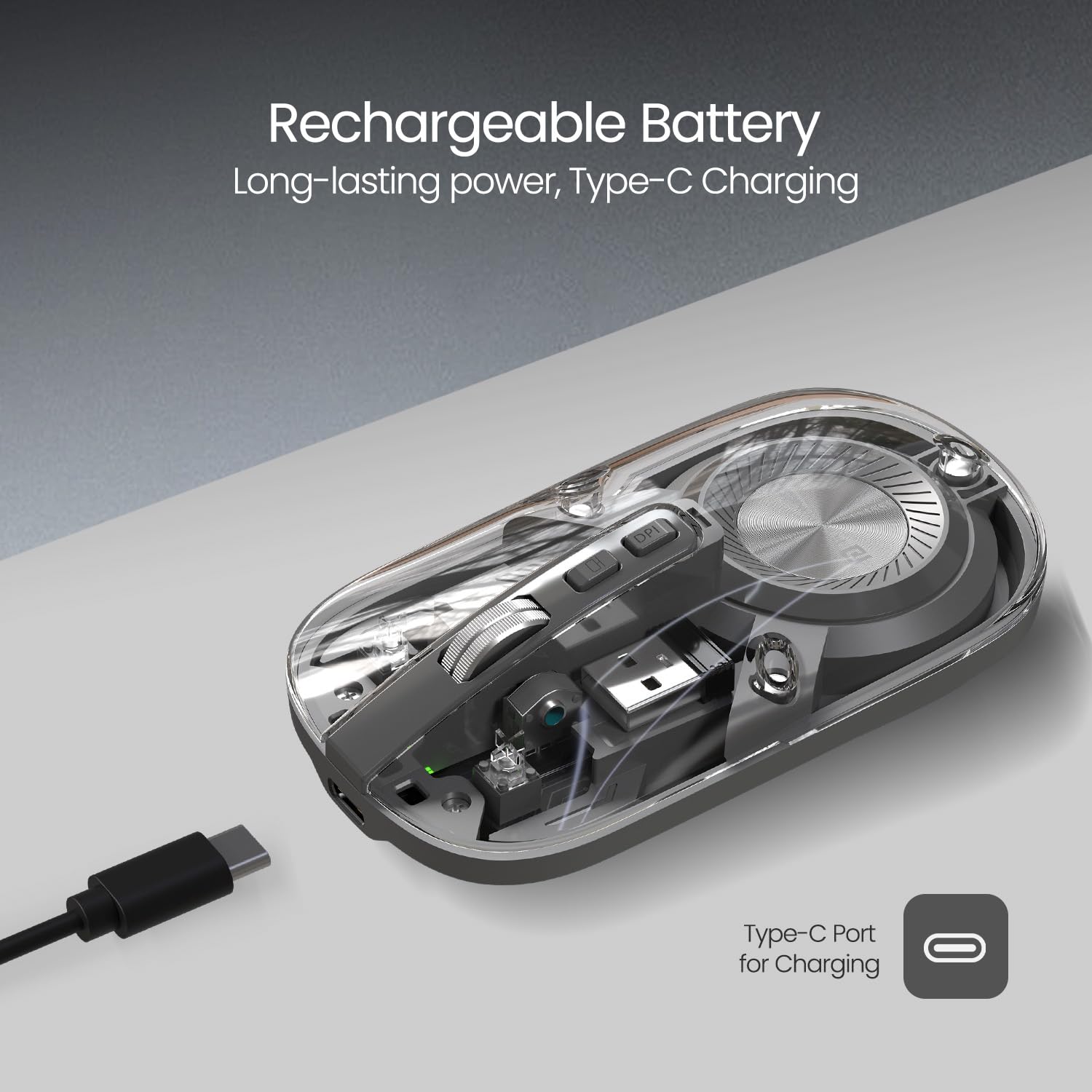 Rechargeable battery with Type-C charging port on a gray background