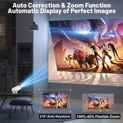 Projector displaying a colorful scene with characters and a spaceship, featuring auto correction and zoom functions.