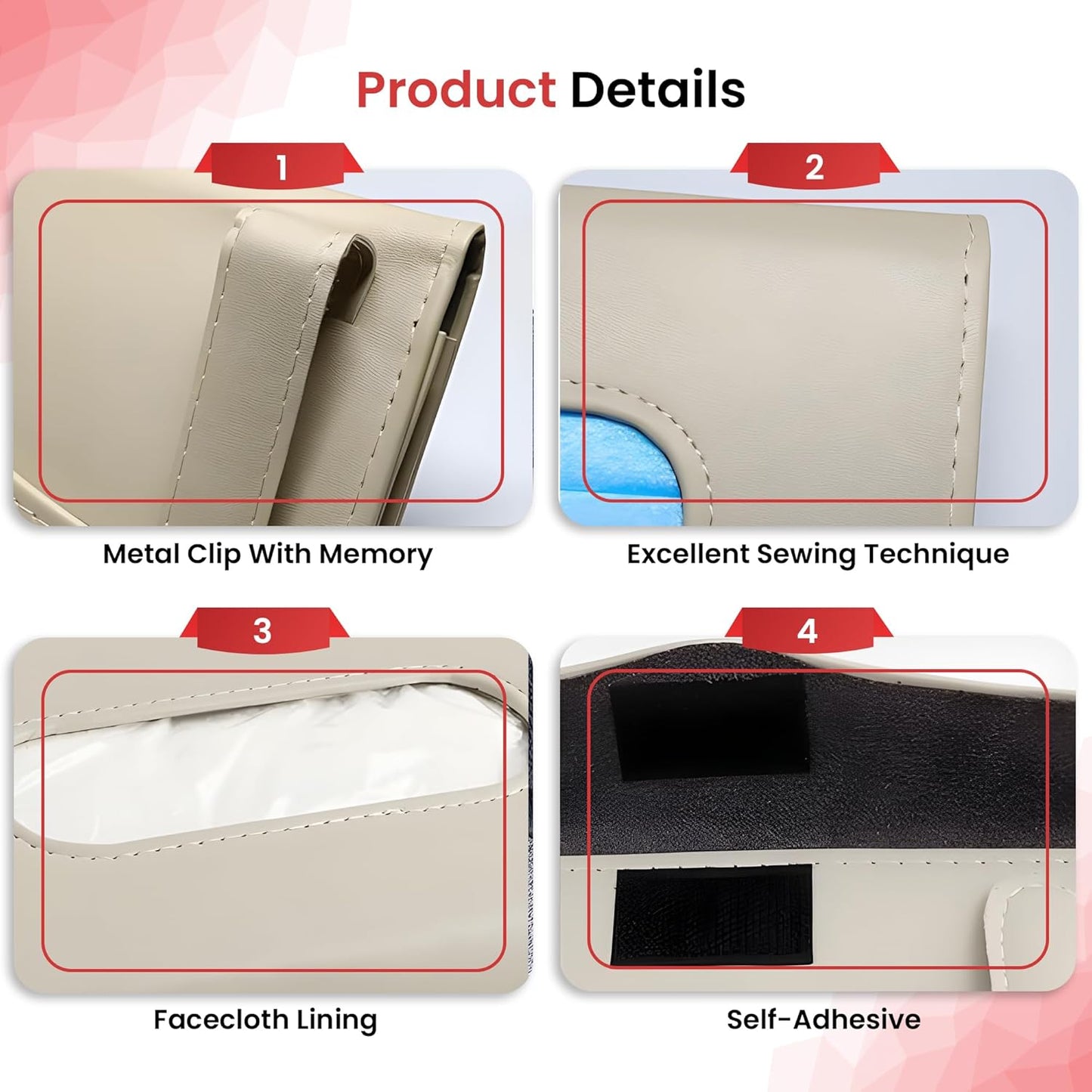 Product details of a wallet with metal clip, sewing technique, facecloth lining, and self-adhesive features.