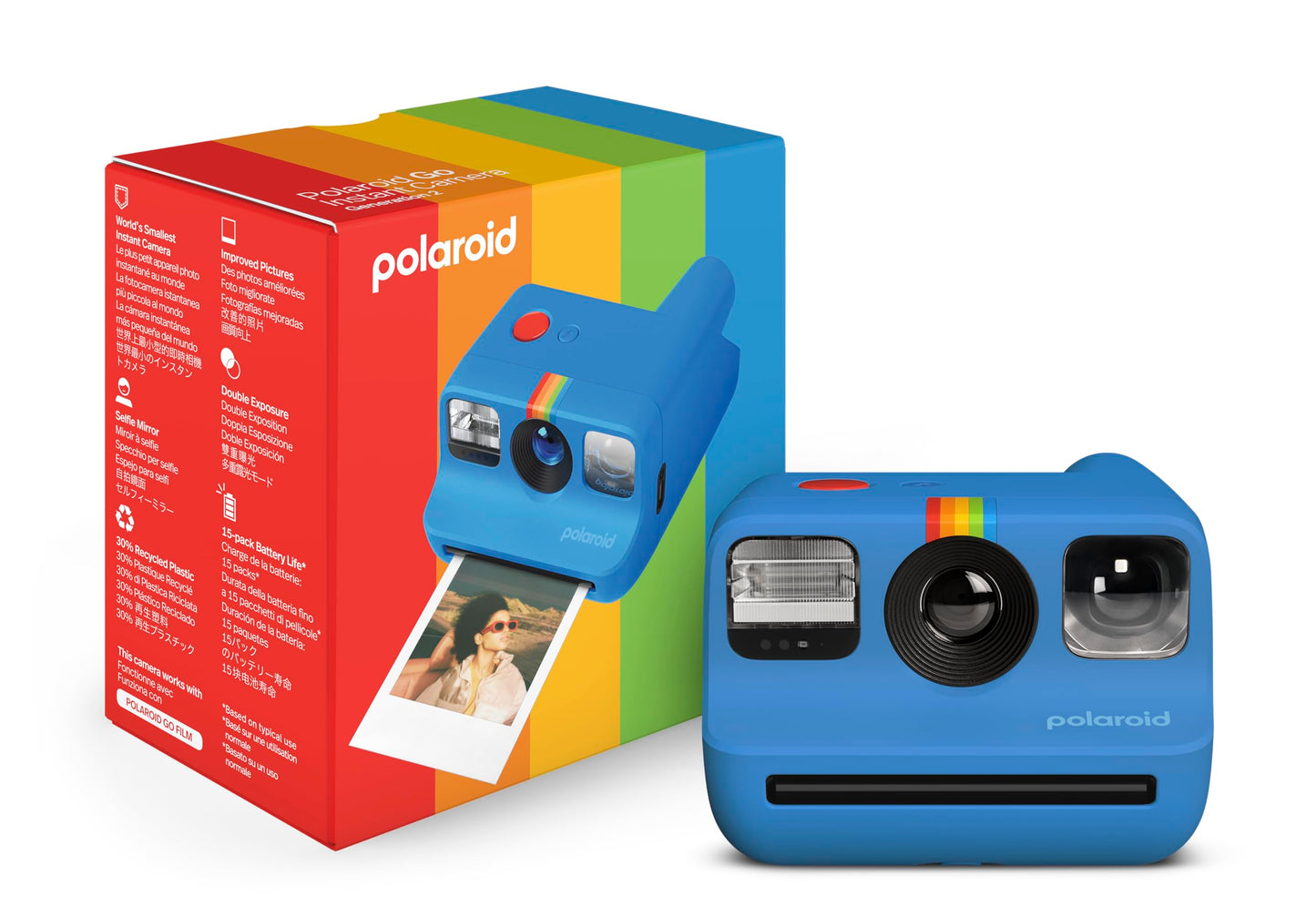 Blue Polaroid camera with colorful packaging on a white background