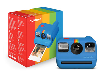 Blue Polaroid camera with colorful packaging on a white background