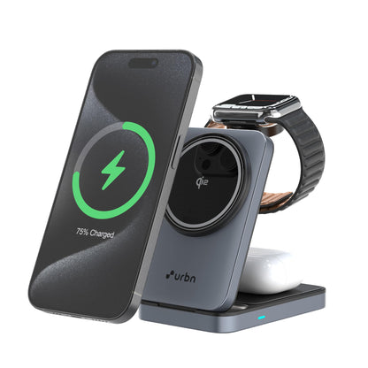 Wireless charging stand with phone, watch, and headphones on a white background