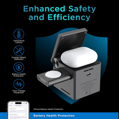 Wireless earbuds in a charging case with features listed on a black background