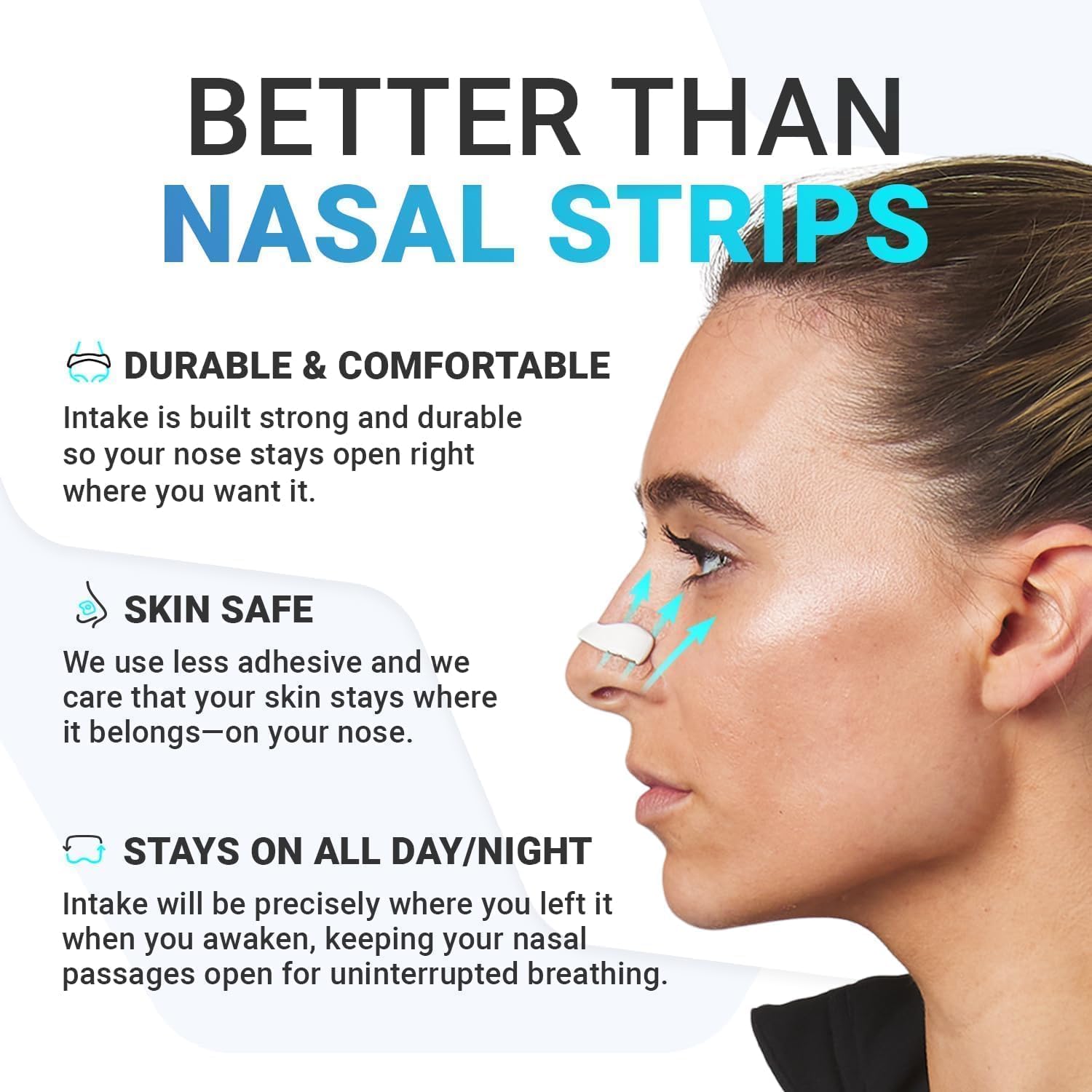 Woman wearing nasal strip with product features listed on a white background