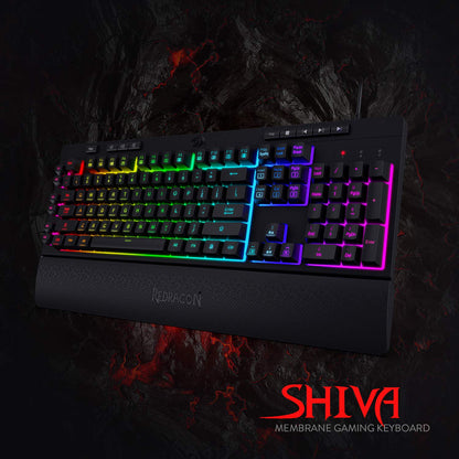 Redragon Shiva K512 RGB Gaming Keyboard – Wired, Backlit, Macro Keys, Media Controls + Wrist Rest – Black