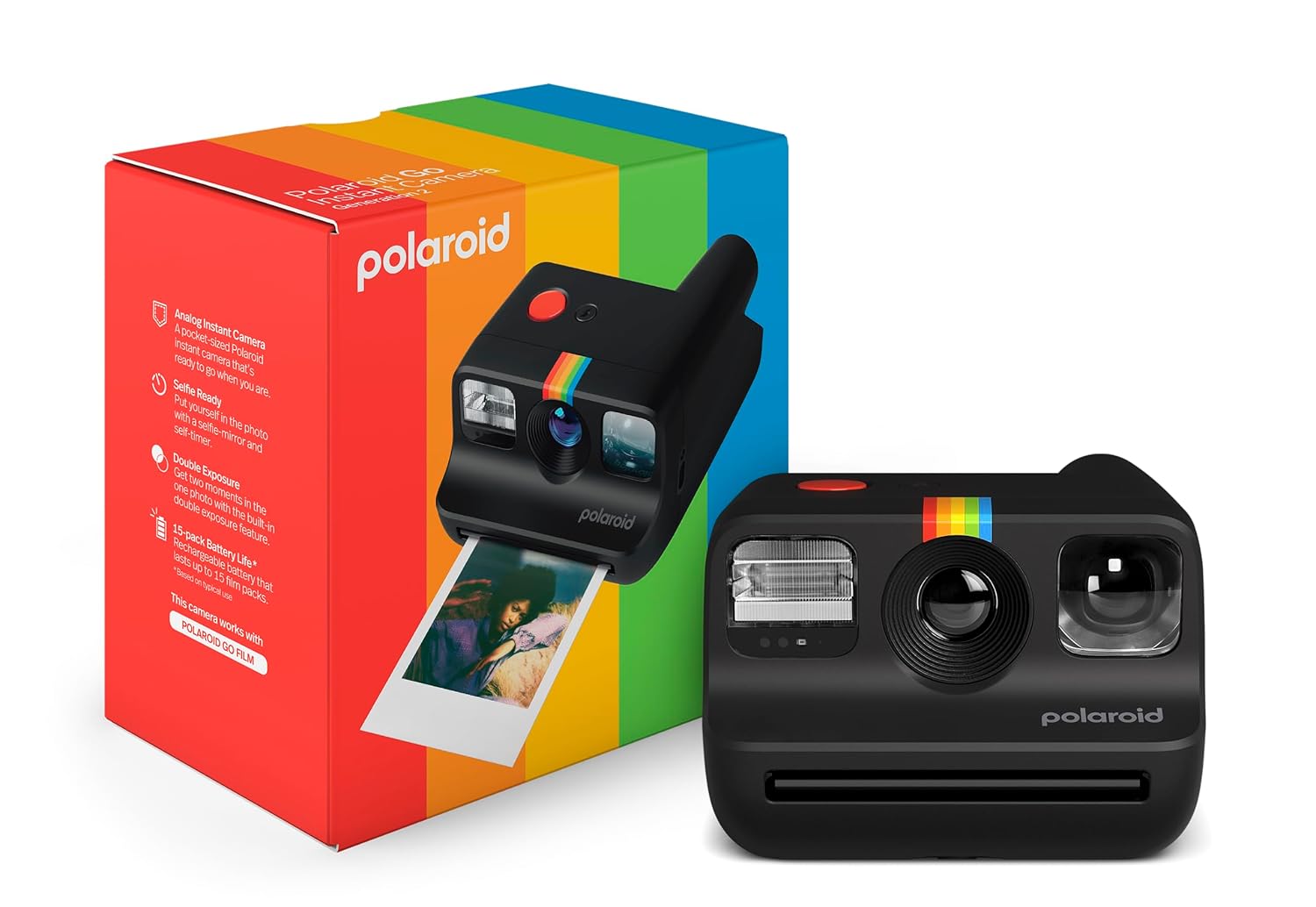 Polaroid instant camera with colorful packaging on a white background