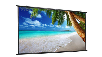 Projector screen displaying a tropical beach scene with palm trees.