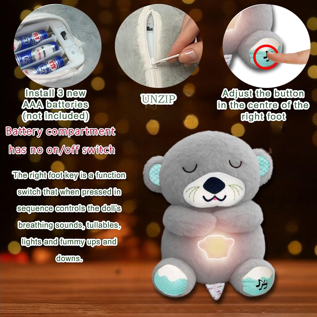 Gray plush toy with instructions on how to operate it, including battery installation and button adjustment.