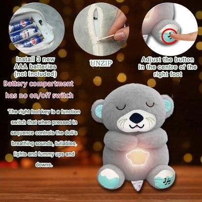 Gray plush toy with instructions on how to operate it, including battery installation and button adjustment.